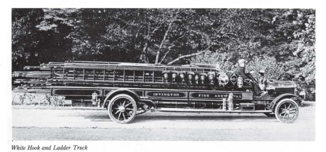 1915 White Hook and Ladder Truck. 
The truck, weighing six and one half tons was slightly over thirty-five feet long. It was powered by a White six cylinder, sixty horsepower motor with a self starter. It had a top speed of thirty five miles an hour, made seven miles on a gallon of gasoline, and used a gallon of oil every one hundred and fifty miles. It carried two hundred and thirty two feet of ladders, including one fifty foot and two, thirty five foot extensions. It had a thirty five gallon chemical tank, with two hundred feet of rubber chemical hose and also carried six hundred feet of two and one half inch hose. Other equipment carried was listed as: one Browder life net, one Detroit door opener, one shut off holder, one tin roof cutter, one pair of electric wire cutters, one pike pole, a life line, two pitchforks, two shovels, two crowbars, one pull down hook, four small hooks, and two Pyrne guns.